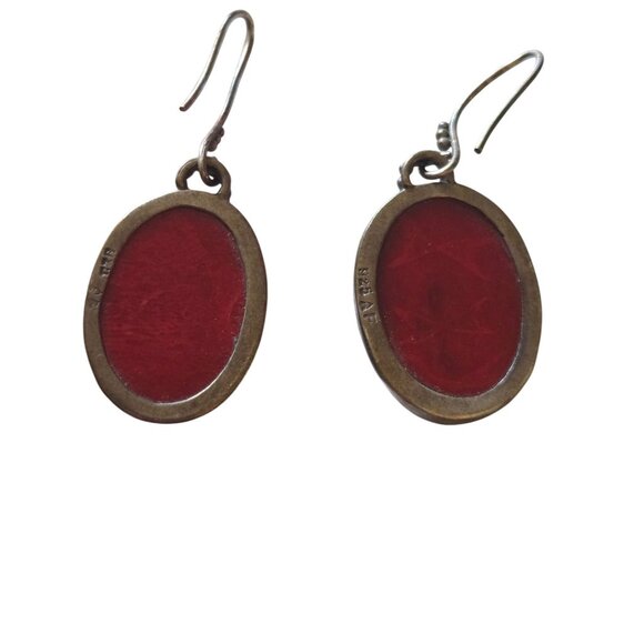 Handmade Sterling Silver Red Coral  Earrings Signed A.F 925 Boho Filigree Oval D - Picture 2 of 4